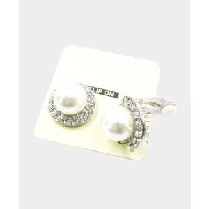 Rhinestone Pearls Trimmed Pearl Clip on Earrings 2 Pairs